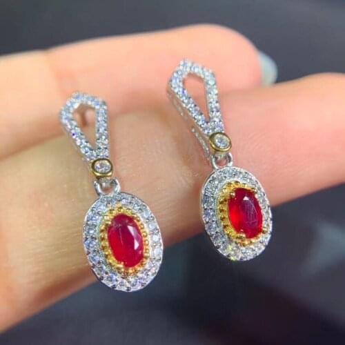 New natural plain pigeon blood ruby earrings 925 silver two-color electroplating process small fresh earrings