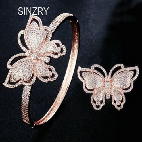 SINZRY new Luxury jewelry accessory Rose gold color cubic zircon butterfly exaggreated glitter bangle ring jewelry set for women