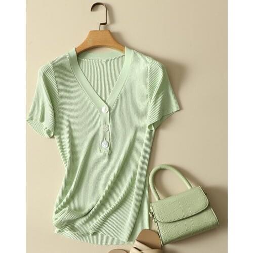Thin Knitted Solid Women T-Shirts Summer New 2021 V-Neck Button Short-Sleeved Slim Elastic Lady Outwear Tops Tees
