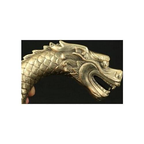 Decoration Tibet copper silver ASIAN CHINESE OLD COPPER HAND CARVED FEROCITY DRAGON STATUE WALKING STICK HEAD