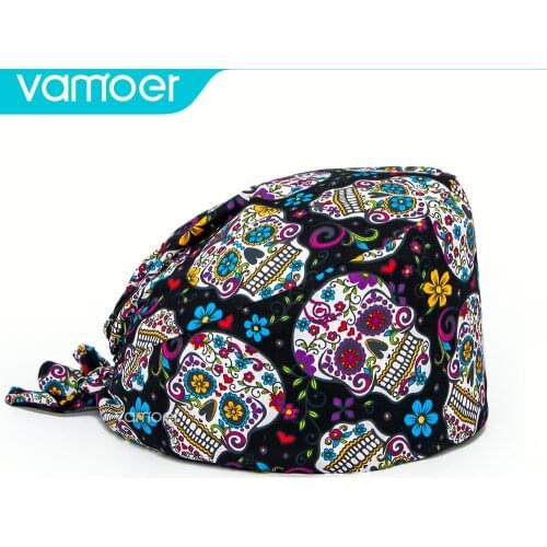 Unisex Sugar bones printing Cotton Breathable Scrub hat pet shop vet uniform Sweat towel hat lab work scrub caps Nurse hat