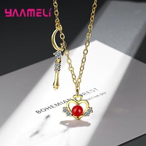 Gorgeous Annivesary Proposal Jewelry for Ladies Fine Solid 925 Sterling Silver Gold Covered Chain Red Enamled Heart Shaped