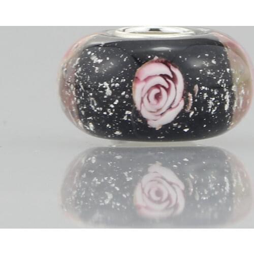 925 Sterling Silver Large Hole Pink Rose And stars Flower Murano Glass Charm Bead Fit European Bracelet Jewelry