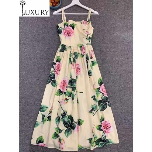 Long High Quality Strap 2020 Summer Casual Club Ladies Pink Flower Green Leaves Print Sleeveless Sexy Beach Maxi Dress