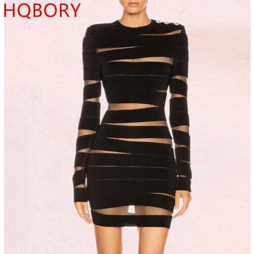 HQBORY 2019 New Autumn Black Mesh Bodycon Bandage Dress Women Sexy Long Sleeve Hollow Out Club Mini Evening Runway Party Dress