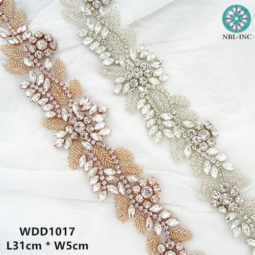 （1PC) Silver bridal beaded crystal rhinestone applique iron on for wedding dress WDD1017