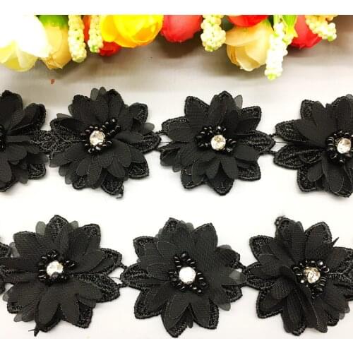 10x 3D Black Flower Pearl Beaded Lace Fabric Trim Diamond Wedding Embroidered Applique DIY Dress Clothes Patchwork Ribbon Sewing