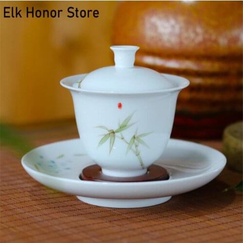 160ML Hand Painted White Jade Porcelain Cyan Bamboo Ceramic Gaiwan Chinese Teaset Teaware Tureen Sancai Tea Cup Pu'er Kettle