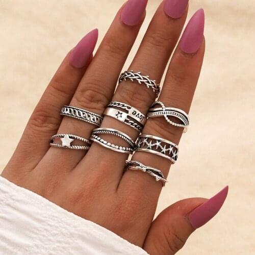 8 Pcs/Set Bohemian Vintage Star Geometric Finger Rings Set Fashion Knuckle Ring Party Jewelry Accessories