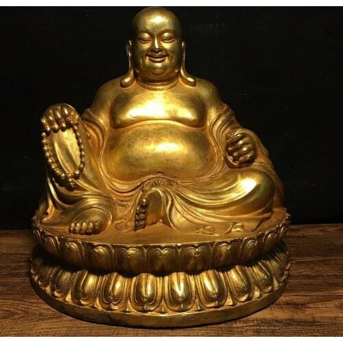 9" Chinese old antique bronze gilt Sitting big belly Maitreya Buddha statue