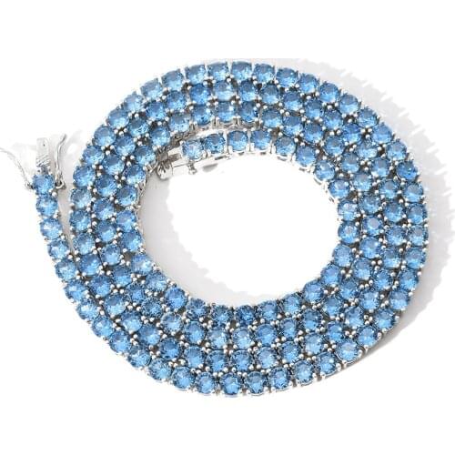 4mm Hip Hop Claw Set Blue 3A+ CZ Stone Bling Iced Out Tennis Link Chain Chokers Necklaces for Men Women Unisex Rapper Jewelry