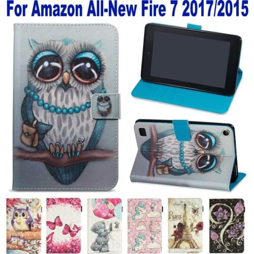 Stand Wallet Card Slot Case For Amazon All-New Fire 7 2017 2015 Case Funda Tablet Fashion Pattern Owl Shell Auto Wake Up/Sleep