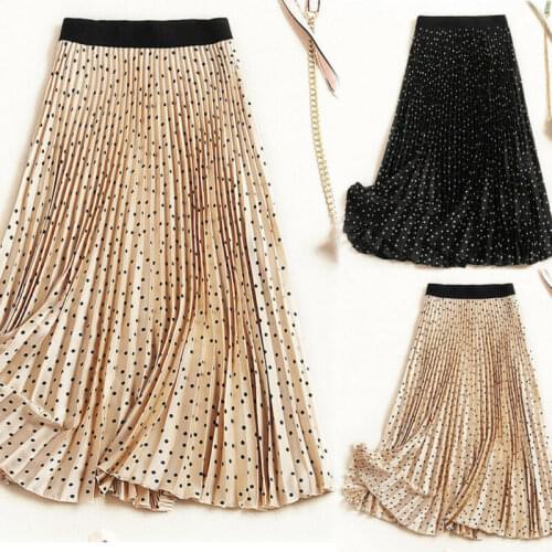 Women Polka Dot Print Elastic Waist Pleated Skirt Casual Boho Retro Summer Skirt