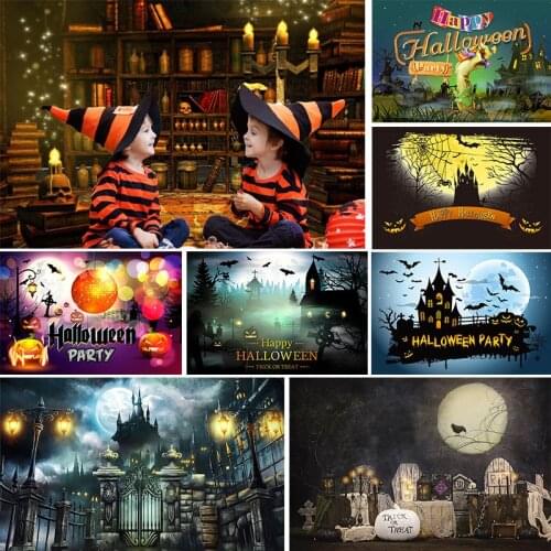 Happy Halloween Party Photo Background Pumpkin Lantern Castle Moon Bat Cemetery Baby Birthday Photography Backdrops Decorations