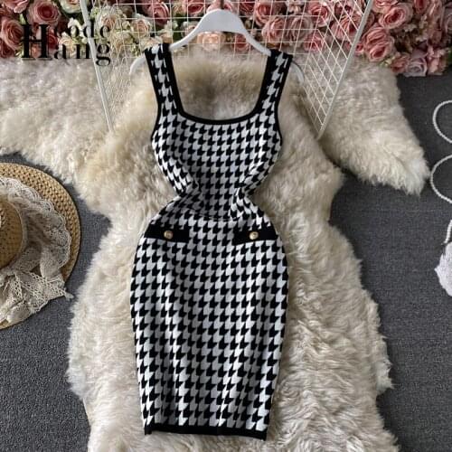 HangCode Brand Fashion Summer Dress 2021 Women Vintage Bird Lattice Knitted Bodycon Dress Elegant Ladies Office Dresses