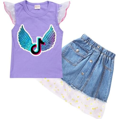 TIK TOK Girls' Summer Short Sleeve Top + Denim Short Skirt Childrens Dress Set