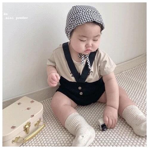 Korean style baby cute solid color overalls infants Two buttons all-match one-piece 0-2Y