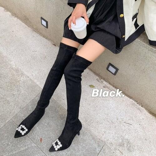 MKKHOU Fashion Over-the-knee Boots Womens New Suede Pointed Toe Square Crystal Buckle Sexy Elastic Boots Ladies Long-leg Boots