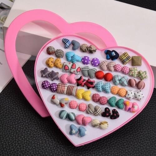 36Pairs/set Mix Style Mini Handmade Cotton Heart Stud Earrings Set Cute Flower Earrings For Girls Child Brincos Jewelry