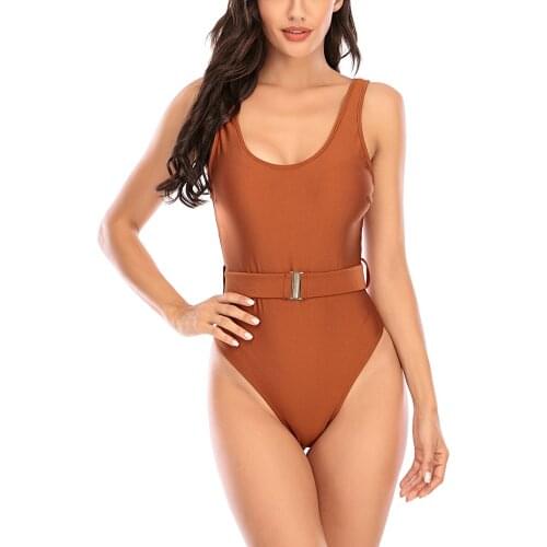 2021 newest Summer Women’s Solid Color Swimsuit with Waistband, Sexy Round Neck Deep Backless Thong Crotch Tank Swimsuit