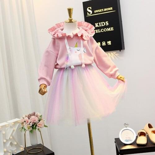 2021 Autumn New Girl Suit Korean Fashion cartoon Unicorn Hooded Sweater and Rainbow gauze skirt two-piece Outfit Children OT002
