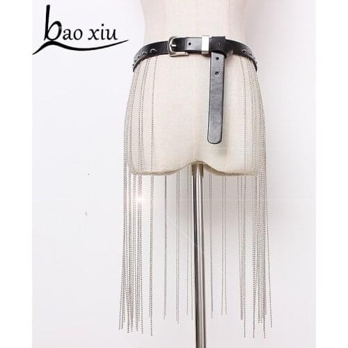 New Vintage Long tassel Boho Fringe Beads belt personality leather black belt women Silver Bling Waist Ladies Belts Accessory