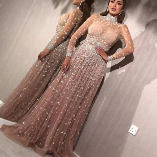 Champagne prom dresses 2020 long sleeve crystal a line long sleeve floor length tulle evening dress arabic vestido de gala 2019