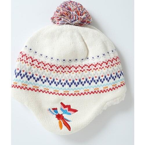 Connectyle Toddler Infant Kids Thick Warm Cotton Cute Jacquard White Winter Hat Sherpa Lined Knit Hat Earflap Skull Cap With Pom