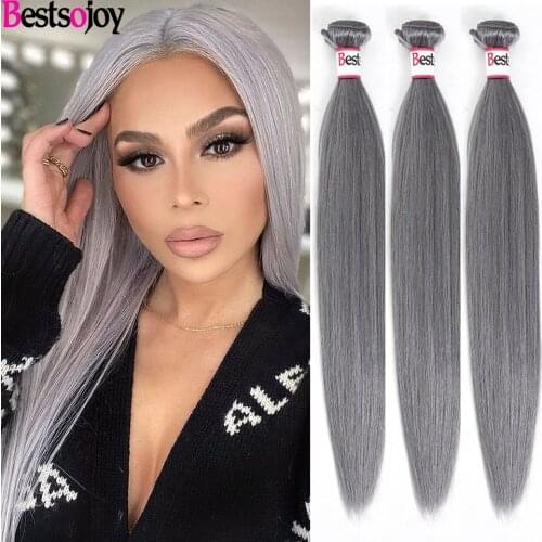[Bestsojoy] Straight 10"-26” M Remy Sliver Grey 3 Bundles 100% Human Hair Weave Brazilian Straight Hair Extension