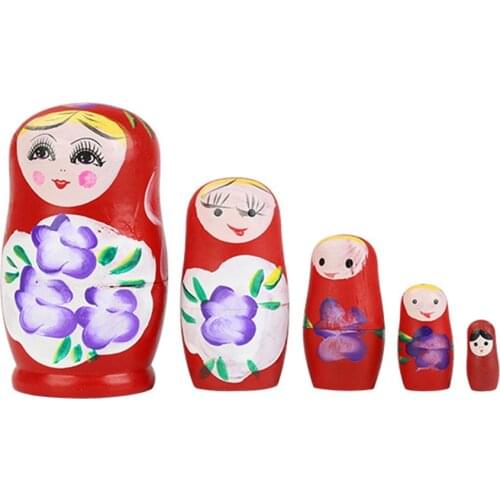 5-Layer Paint Color Matryoshka Russian Wooden Nesting Doll Craft Handmade Painted Childrens Wooden Toys Decoration Doll Red