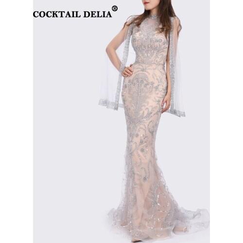 Grey Champagne O-Neck Dubai Womens Evening Dresses Long Mermaid Luxury 2021 Elegant Party Gown Sparkly Beading Prom For Muslim