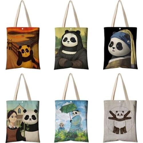 New Arrival Tote Handbag Spoof Famous Painting Funny Panda Design Large Totes Eco Reusable Canvas Shoulder Shopping Bag Foldable