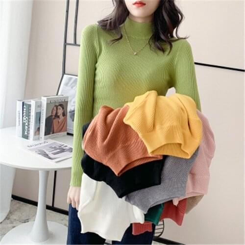 Korean Knitted Sweater Women New 2020 Autumn Winter Jumpers Long Sleeve Pullover Women Slim Half Turtleneck Black White Pink 35