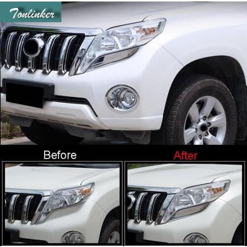 Tonlinker 2 PCS DIY car style New ABS Chrome under headlight eyebrow light strip cover case Stickers for Toyota Prado 2010-16