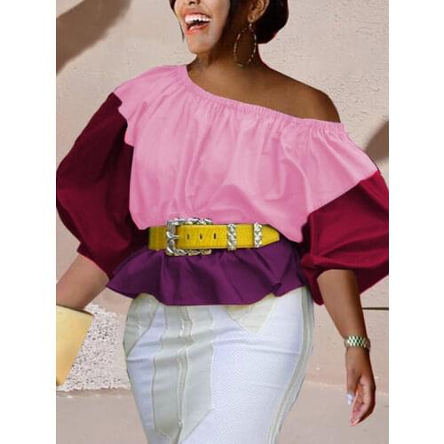 2021 Fall Women Stitching Blouses Puffy Sleeves Casual Loose Cotton Tops Shirt Elegant Fashion Ladies Summer Autumn Tunics XXXL