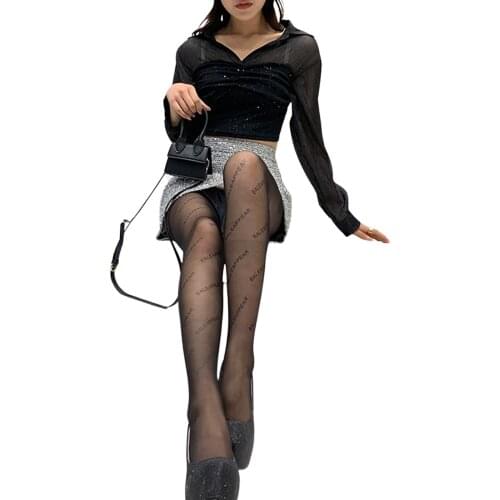 Women Mesh Stockings Thin Pants, See-Through Summer Accessory Letters Printed Elastic Black Skin Socks
