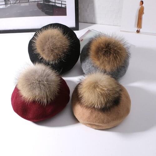 Womens Warm 100% Wool Cashmere Berets 15cm Large Hairball Natural Raccoon Fur Pompom Hats Autumn Winter Pumpkin Hat For Women