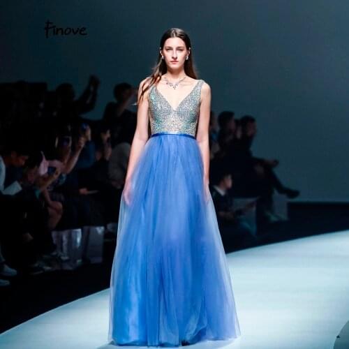 Finove Beading Prom Dresses Elegant A-Line Sexy Big V-Neck Long Dresses 2020 Spring New Fashion Tulle Crystals Womens Dresses