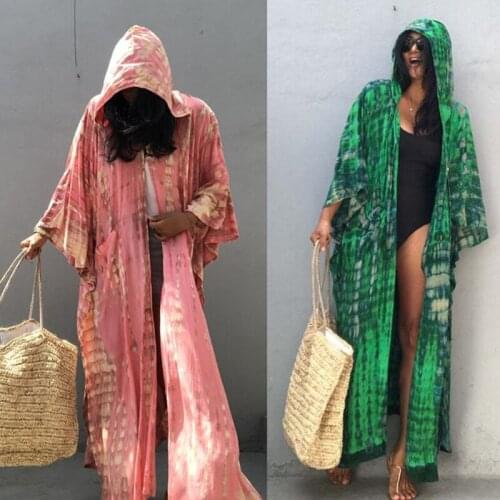 Women Boho Tie-Dye Print Hooded Kimono Cardigan Long Sleeve Open Front Swimsuit Cover Up Split Beachwear with Pockets