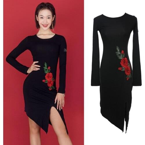 Latin Dance Dress Red Rose Embroidery Rumba Cha Cah Samba Salsa Clothes Women Competition Dresses Latin Practice Wear DN4605