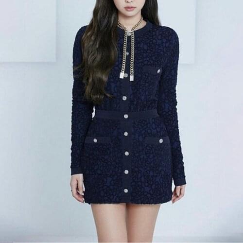 High quality pink sweet Knitted button mini dress women 2021 fall summer flower jacquard high waist long sleeve dresses clothing