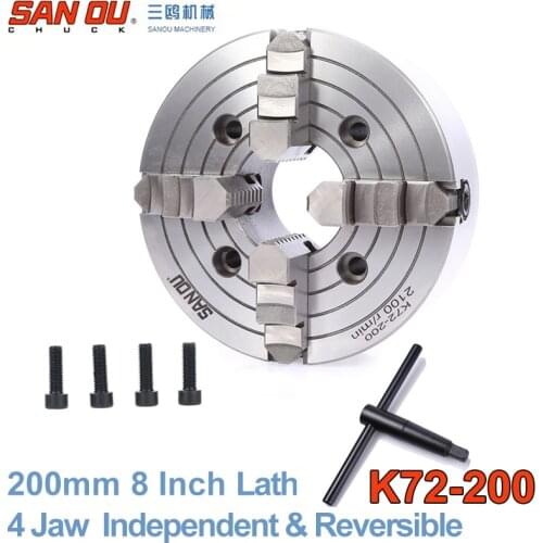 200mm 4Jaw 8" Lathe Chuck Independent & Reversible Jaw SANOU K72-200 for CNC Drilling Milling woodworking