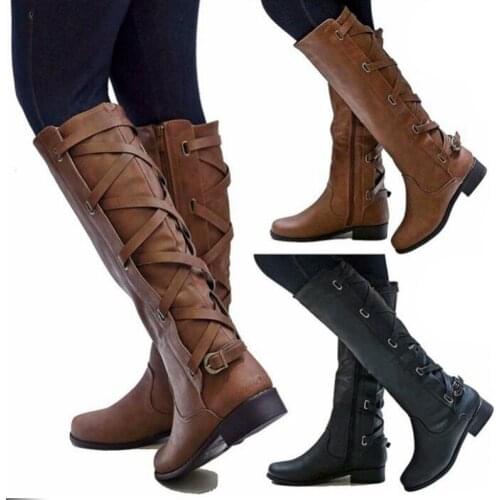 2018 Flat Heels Long Bandage Pu Leather European Motorcycle Boots Shoes Ladies Zip Buckle Western Boots Big Size 34-43