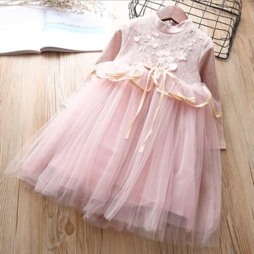 2020 New Fall Autumn 3-8Y Kids Children Baby Girl Flower Embroidery Ruffled Bow Mesh Dress Long Sleeve Back Zipper Princess