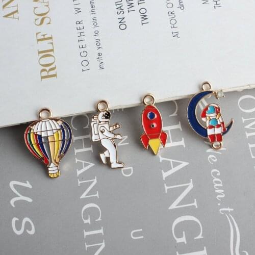 50pcs/lot alloy drop oil cartoon hot air balloon/rocket/astronaut shape floating locket charms diy jewelry keychain accessory