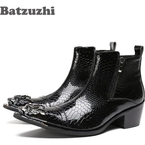 Batzuzhi POP Rock Black Men Boots Pointed Iron Toe Zipper Mens Ankle Boots Fashion Autumn Leather Men Footwear bota masculina