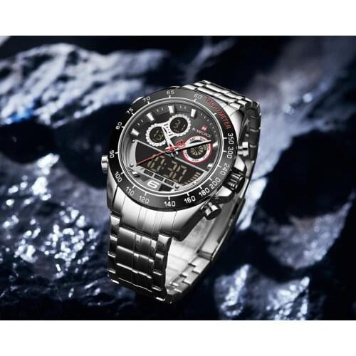 NAVIFORCE Brand 2020 Quartz Watch Men Stainless Steel Strap Sports Watch Waterproof LED Digital Analog Dual Display Watch