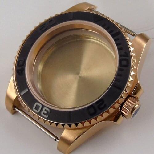 BLIGER All Rose Gold Coated SUB 40mm Automatic Watch Case Brushed Black Insert Sapphire Crystal Screw Backcover