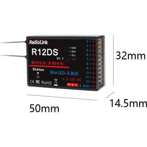 RadioLink R12DS 2.4GHz 12CH DSSS & FHSS Receiver Dual Antenna for AT9S AT10 AT10II Transmitter Support SBUS PWM