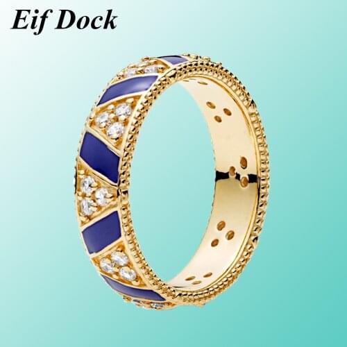 Eif Dock Gold Color Blue Enamel Exotic Stripe Rings For Women Crystal Engagement Ring Wedding Band Jewelry Valentines Day Gift